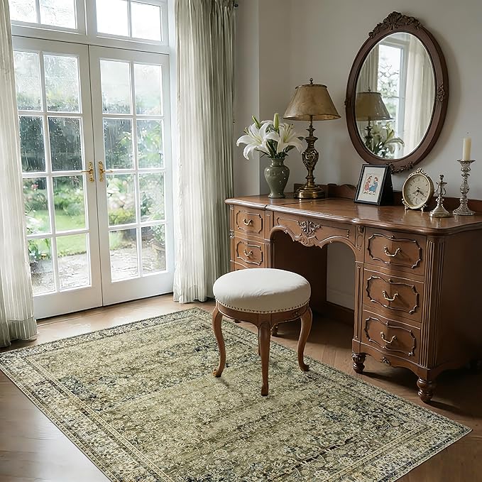 Olive Green Boho Area Rug 5 x7 for Living Room Washable Non Slip Low Pile Stain Resistant Rubber Backed Cottagecore Neutral Bedroom Nursery Rugs 5x7