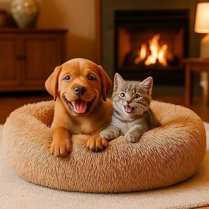 Calming Dog Bed - Fluffy Donut Cuddler for Anxiety Relief, Orthopedic Pet Bed with Non-Slip Bottom, Cozy Round Faux Fur Nest for Dogs and Cats, Plush Crate Mat for Comfort (Camel, Medium)