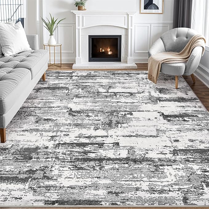 Area Rugs for Living Room: 10x14 Abstract Washable Rug Modern Neutral Large Soft Stain Resistant Non-Slip Backing Machine Table for Bedroom Dining Room Indoor Home Office Carpet - Black Grey