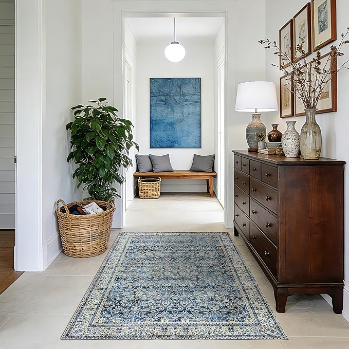 Vintage Blue Kitchen Rugs 2x3 Dark Blue Distressed Low Pile Area Rug for Entryway Bathroom Washable Non Slip Boho Retro Floral Carpet for Side of Bed Entry 2 x 3