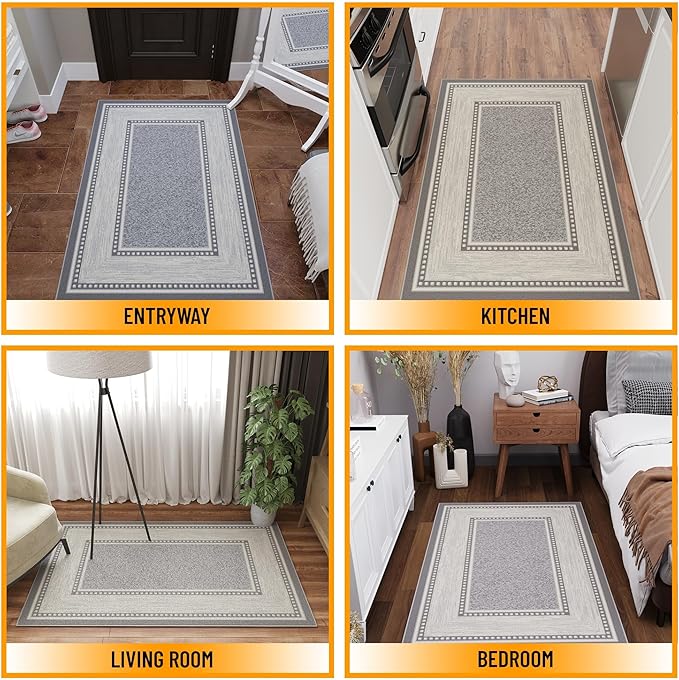 Ottomanson 3'3" x 4'7" Rugs for Living Room Border Area Rug for Bedroom - Non Slip Durable Large Floor Carpet for High Traffic Areas - Indoor Rug for Dining Room Kitchen Kids Playroom, Light Gray