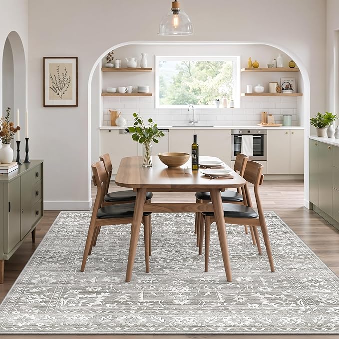 5x7 Area Rugs for Living Room, Washable Vintage Floral Non-Slip Low Pile Natural Rug Soft Throw Carpet for Dining Room Bedroom Home Office Nursery (Grey, 5'x7')