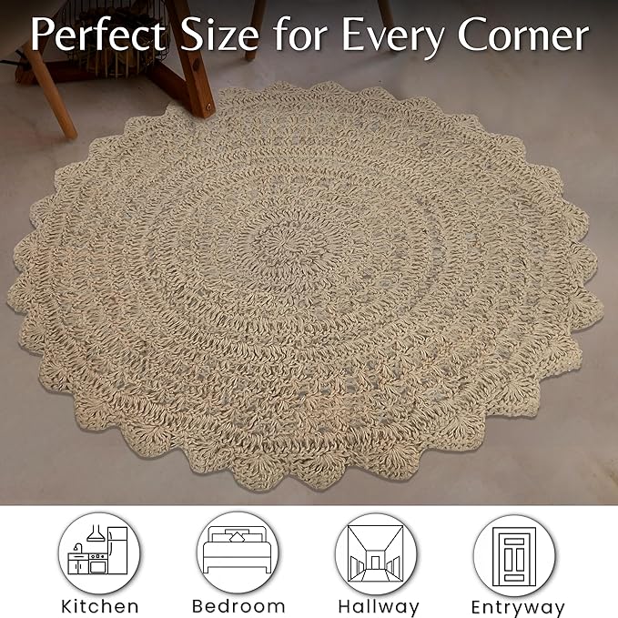 Hausattire Hand Woven Jute Crochet Rug, 3??Round ??Natural, Anti-Slip Accent Boho Entry Area Rugs for Kitchen, Living Room I Farmhouse Decorative Floor Rug, 3 Feet Round