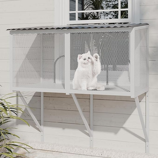 ROOMTEC Cat Window Catio Metal Sturdy Cat Enclosure for Cats Waterproof Roof Cat Perch with Insect Net Cat Cage for Safely Enjoying The Outdoor Sights Scents and Napping,White