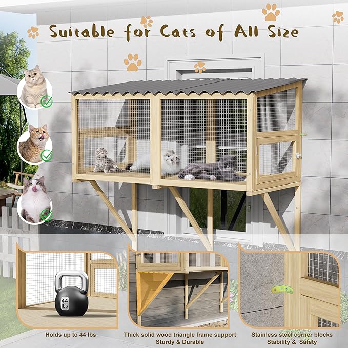 Outdoor Cat Window Perch, Catio Cat Enclosure Window Box Access with Double Doors for Cats Tunnel, Cats Patio w/All-Weather Roof for Indoor Kitty Sunbathing, Napping