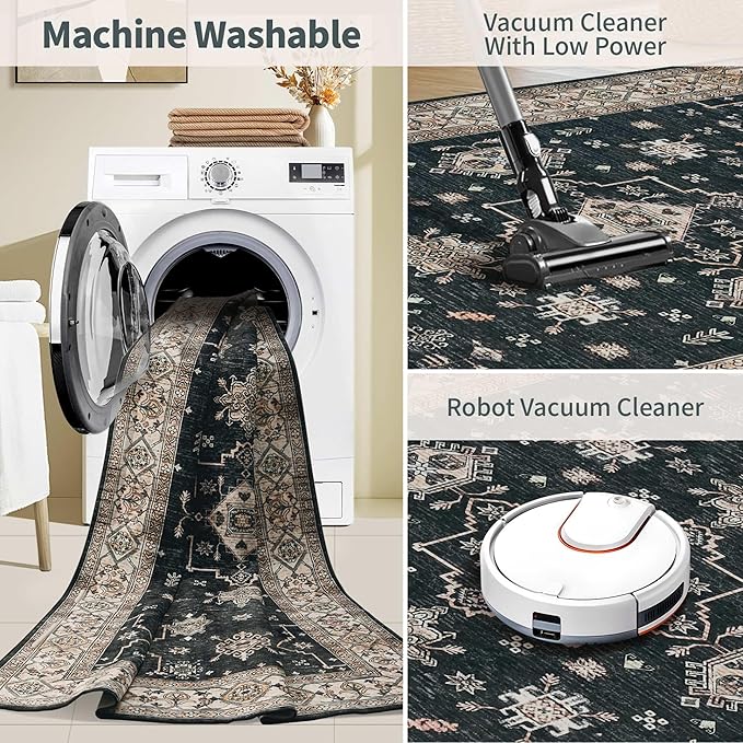 6x9 Area Rugs for Living Room Bedroom, Large Washable Rug, Black Vintage Floral Boho Rug, Non Slip & Low Pile Faux Wool Thin Carpet for Indoor Dining Room, Dorm and Kids Room(Black 6x9ft)