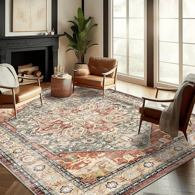 Washable Area Rug 8'x10' Red Khaki Retro Boho Design Non-Shedding Non-Slip Easy Care Ideal for High Traffic Areas in Living Room Bedroom Office Coffee Table Kitchen Large Carpet