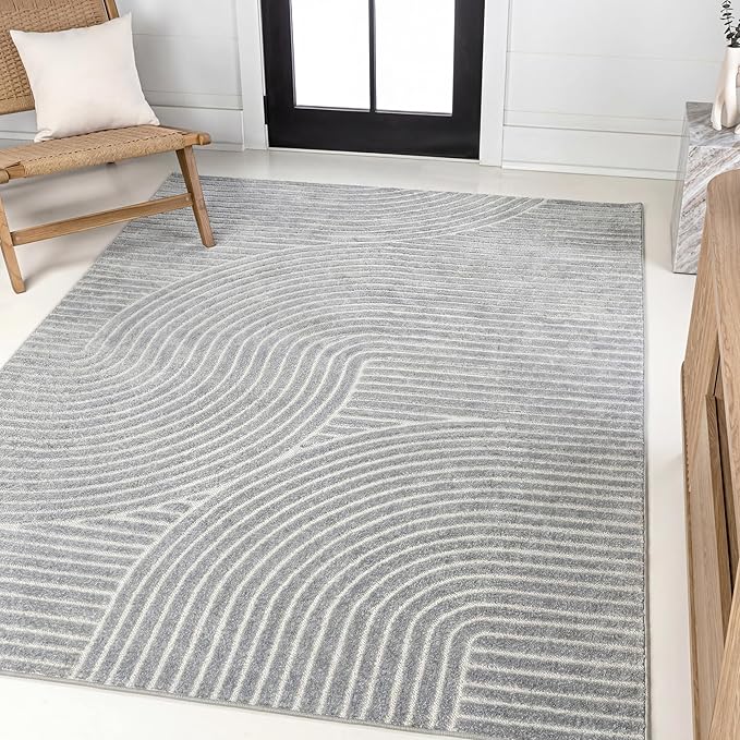 JONATHAN Y Hallie High-Low Curve Light Blue/Cream 3x5 Indoor/Outdoor Area Rug, Minimalist Geometric, Pet Friendly, for Patio, Backyard, Living Room, Bedroom, Office, Hose-Washable (SCN100E-3)