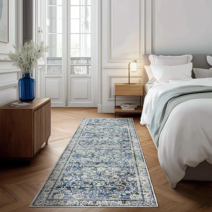 Blue 2x6 Runner Rug for Hallway Low Pile Kitchen Rugs Non Slip Washable Vintage Floral Distressed Design Carpet for Entryway Bedroom Boho Retro Dark Blue Rug for Bathroom Indoor 2 x 6