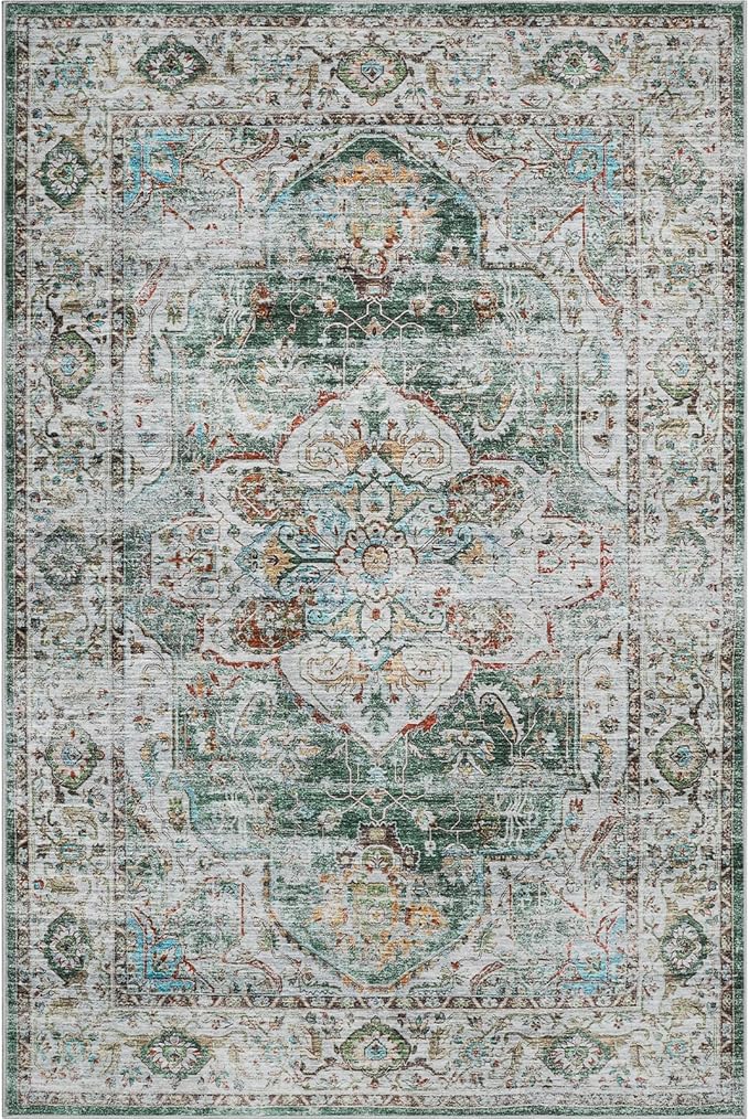 10x14 Area Rugs,Ultra-Thin Washable Rugs for Living Room,Non-Slip Lightweight Foldable Area Rug,Stain Resistant Vintage Large Rugs (Green,10'x14')
