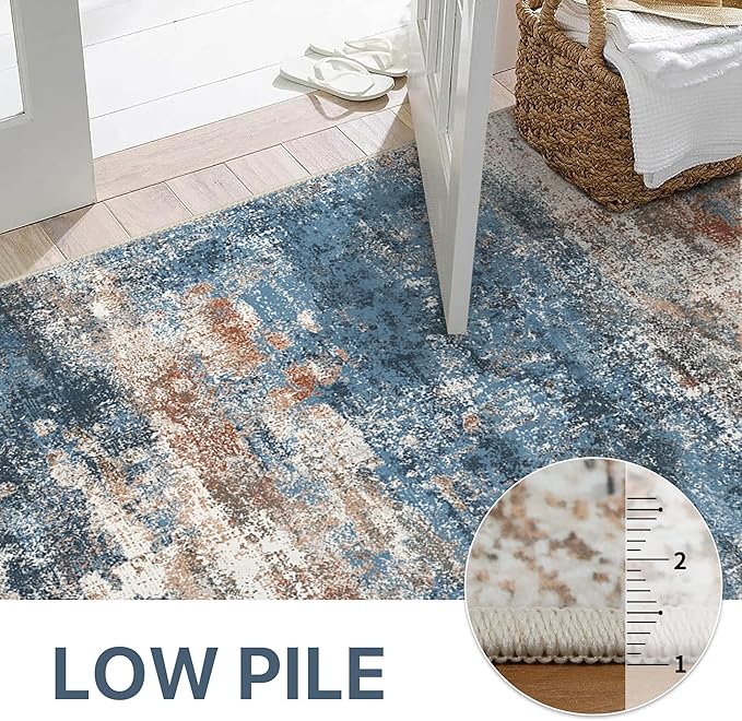 Area Rugs 8x10 for Living Room Bedroom, Modern Abstract Machine Washable Rug, Large Soft Low Pile Floor Carpet with Non Slip Backing for Dining Room, Blue/Brick
