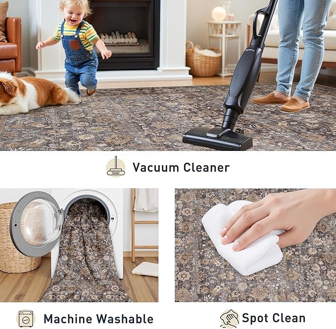 HUGEAR 2x8 Runner Rug Machine Washable Tradition Brown Hallway Area Rug Indoor Accent Rugs Floral Low Pile Carpet Soft Throw Rugs Bedroom Living Room Office Dining Kitchen Laundry Non Slip