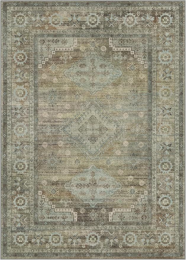 Area Rugs 5x7 for Living Room Bedroom, Modern Boho Machine Washable Large Distressed Light Greyish Sage Green Rug, Low Pile Floor Carpet with Non Slip Backing for Dining Room