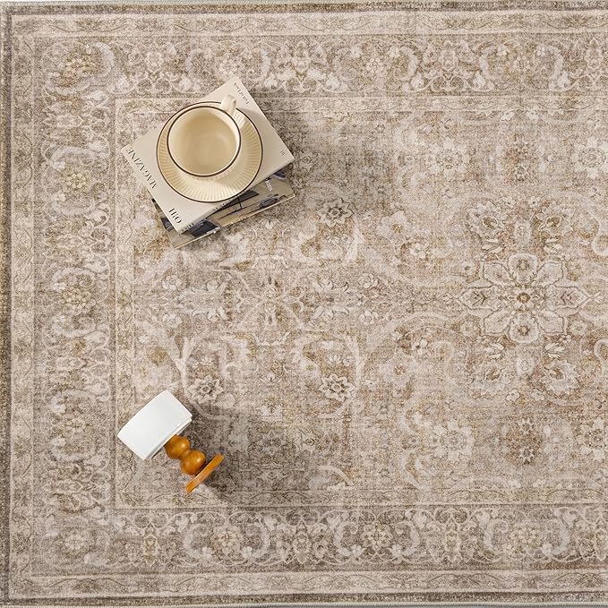Brown 2x3 Area Rug Entryway Washable Vintage Carpet Door Mat Small Indoor Non Slip Soft Low Pile Thin Stain Resistant Distressed Accent Throw Rug for Kitchen Bathroom Entrance Bedroom