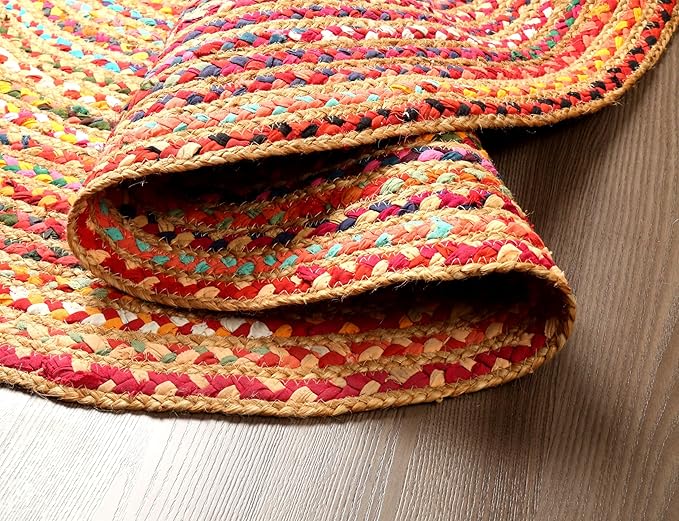 Hausattire Bohemian Braided Rug 5' Round - Multi Color, Rustic Hand Woven Rag Rugs for Kitchen, Kids Bedroom, Living Room | Colorful Farmhouse Pet Friendly Reversible Decorative Carpet