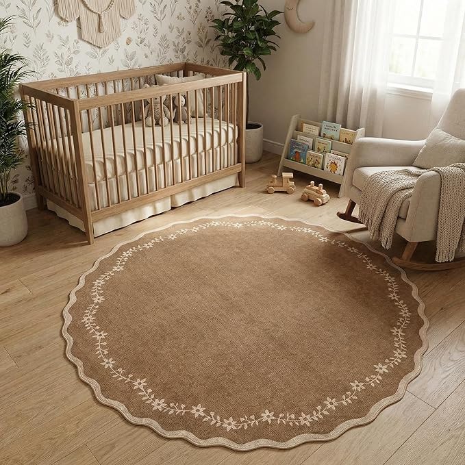 GarveeHome Round Area Rugs 6ft for Bedroom, Solid Brown Washable Circle Rug Soft Non Slip Floral Print Floor Mat Leaves Carpet Indoor Thin Rug for Living Room Dining Room Playroom Nursery