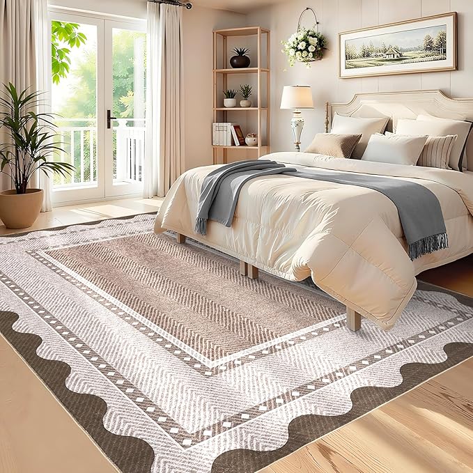 GarveeHome Washable 8x10 Area Rugs with Non Slip Backing, Large Solid Rugs for Living Room Bedroom, Modern Border Neutral Soft Carpet, Stain-Resistant Floor Mats for Nursery, Home Decor, Red Brown