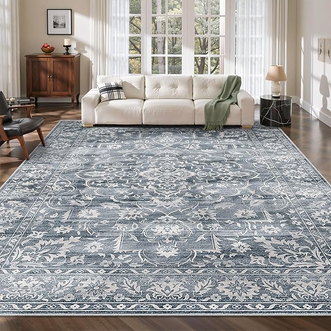 8x10 Washable Area Rugs for Living Room, Vintage Floral Stain Resistant Non-Slip Low Pile Natural Rug Soft Throw Large Carpet for Dining Room Bedroom Home Office (Blue, 8'x10')