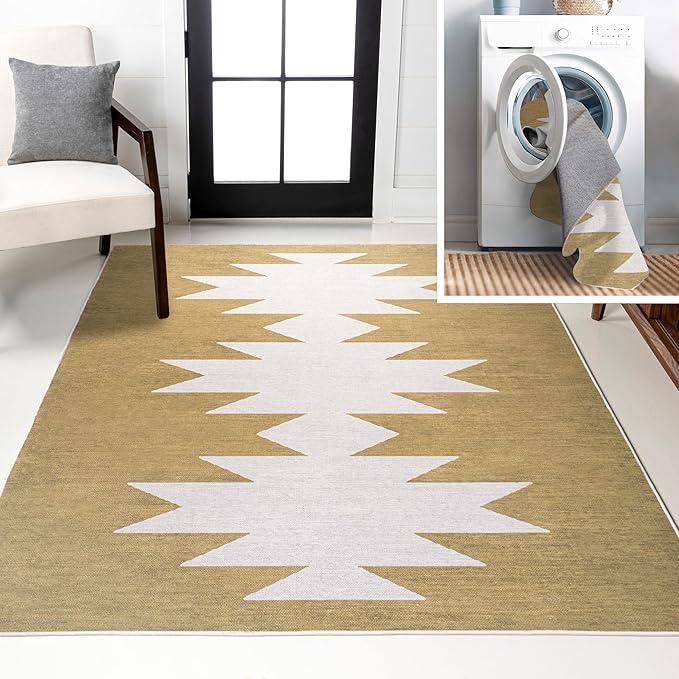 JONATHAN Y Machine Washable Moss/Cream Indoor Area Rug 8X10 ft, Chayton Minimalist Geometric for Living Room, Bedroom, Kitchen, Office, Easy-Cleaning, Pet-Friendly, Non-Shedding WSH110B-8