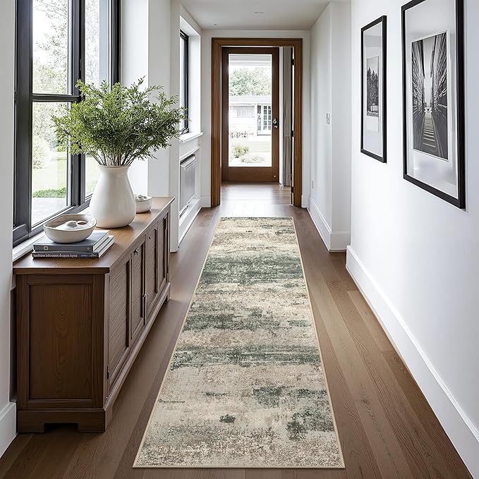 Runner Rug for Hallway Kitchen, 2'6"x10' Machine Washable Runners Rug for Entryway, Soft Modern Abstract Throw Rugs, Low Pile Floor Cover with Non Slip Backing, Grey/Dark Green