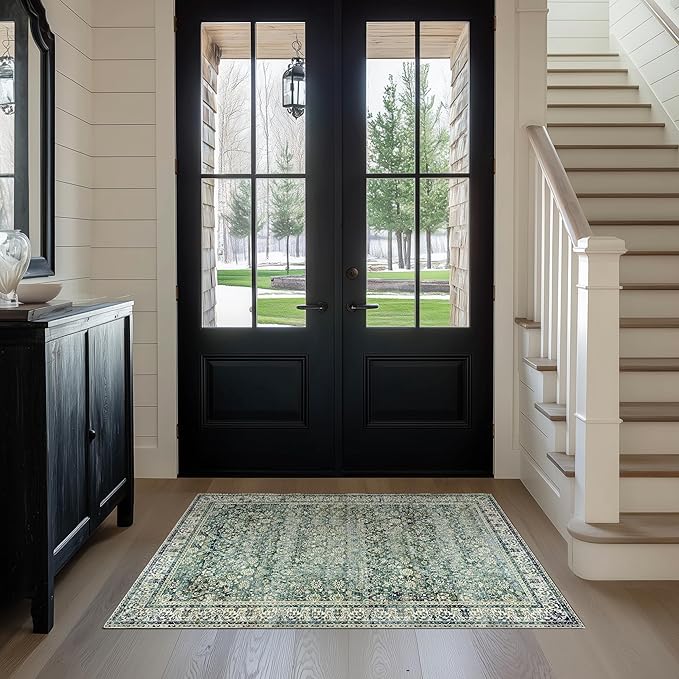 3x5 Area Rug for Entryway Indoor Low Pile Green Rugs with Washable Non Slip Boho Vintage Distressed Ultra Thin Entry Way Rugs for Kitchen Laundry Room Bathroom Inside House,3 x 5,Dark Green