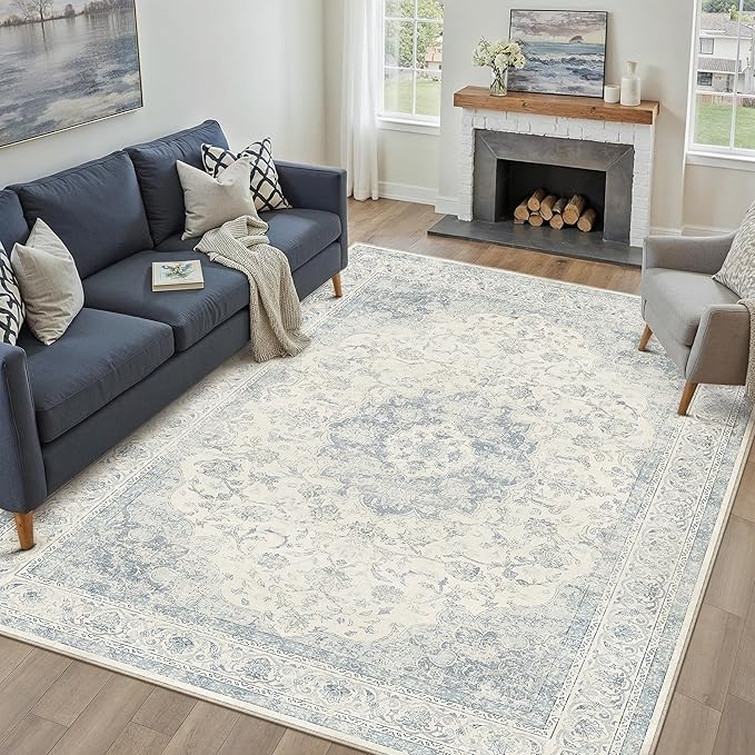 8x10 Blue Washable Vintage Area Rug for Living Room Bedroom Soft Tranditional Non Slip Large Throw Rug Lightweight Floral Low Pile Distressed Carpet Office Playroom Dining Room Bathroom