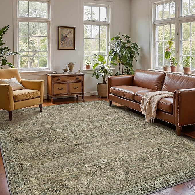 5x7 Area Rug Machine Washable Boho Rug for Living Room,Ultra-Thin Low Pile Carpet,Lightweight Printed Rug,Non Slip Floral Area Rug for Bedroom, Dining Room, Home Office,Sage