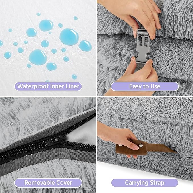 LE SURE Foldable Human Dog Bed - 3 in 1 Flexible Giant Human Dog Bed for Adult People with Supportive Bolster Egg Foam, Waterproof Liner, Calming Fluffy Faux Fur Orthopedic Big Bean Bed, Soft Grey