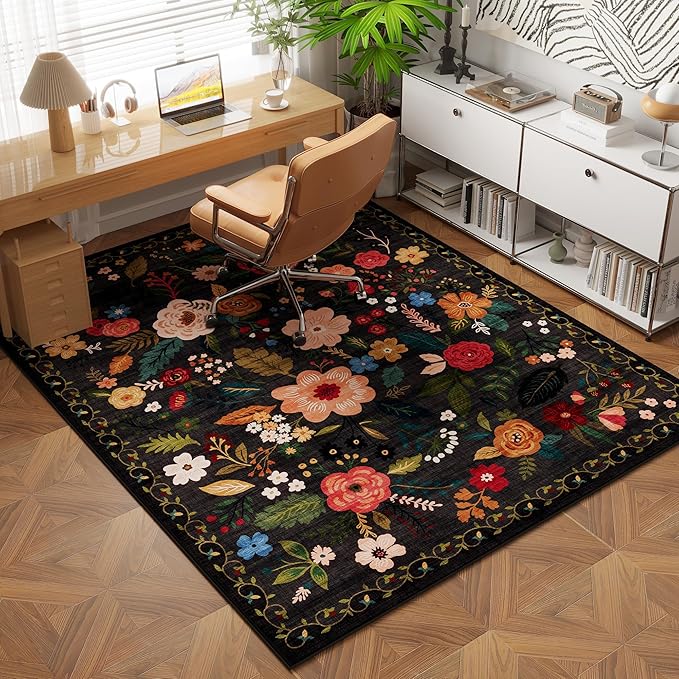 Rugcomf Bedroom Rug 3x5 Rug Washable Area Rug Non Slip Low Pile Boho Floral Small Carpet for Bedroom, Bedside, Kitchen, Entryway, Kids Room, Office, College Dorm Essentials for Girls(Black)