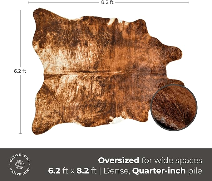 NativeSkins Faux Cowhide Rug ??Brindle (Oversized) | 6.2ft x 8.2ft | Cow Print | Western Bedroom Decor | Hand-Cut, Faux Suede No-Slip Backing | Western Rug | Animal Print | Cow Hide