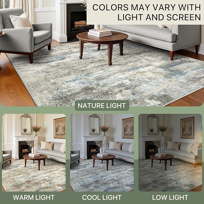 Area Rugs 8x10 for Living Room Bedroom, Modern Abstract Machine Washable Rug, Large Soft Low Pile Floor Carpet with Non Slip Backing for Dining Room, Blue/Taupe