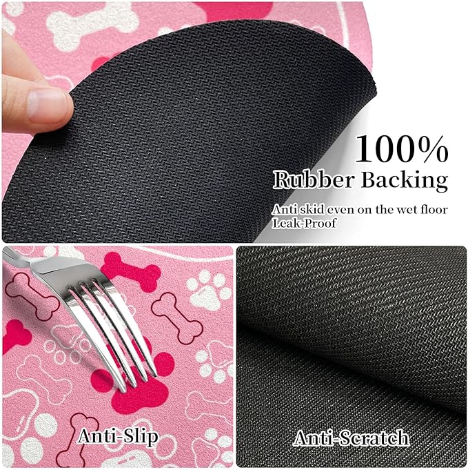 Dog & Cat Food Mat Bone Shaped Pet Feeding Mat Quick Absorb Water Bowl Placemat with Rubber Backing Indoor Floor Stain Resistant Pet Accessory Supplies (Light Pink, 16x24 Inches)