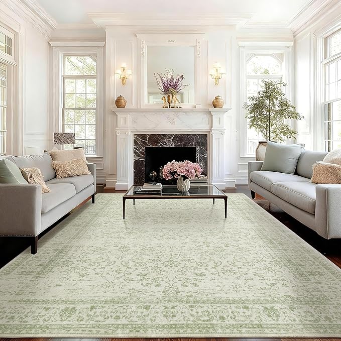 Light Green Nursery Rug Boy Girl 6x9 Area Rugs Washable Non Slip Low Pile Soft Boho Neutral Floral Print Throw Carpet for Living Room Dining Room Sage Green Dining Room Rugs for Under Table 6 x 9