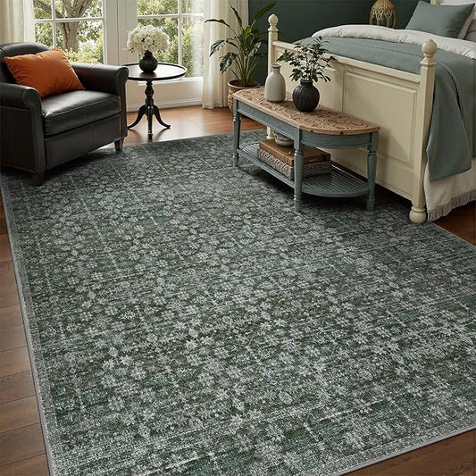 DCX 5x7 Neutral Rug, Kid & Pet Friendly with Rubber Back Non Slip, Machine Washable Stain Resistant Dark Blue and Green Floral Rug for Living Room, Bedroom, Soft Low Pile Large Nursery Carpet