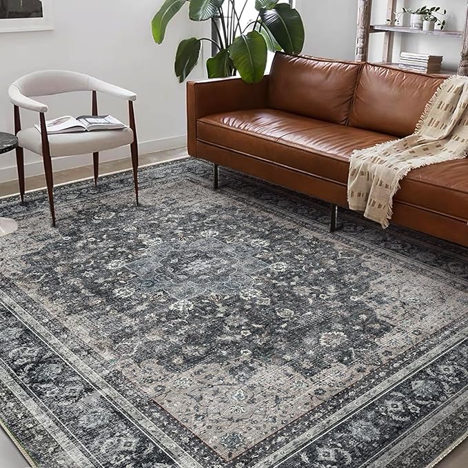 Washable Area Rug 8'x10' Retro Boho Design Non-Shedding Non-Slip Easy Care Ideal for High Traffic Areas in Living Room Bedroom Office Coffee Table Kitchen Large Carpet