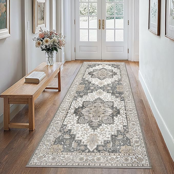 GENIMO 2x5 Runner Rugs for Hallway, Machine Washable Non Slip Vintage Retro Rugs, Low Pile Lightweight Soft Print Rug for enrtyway, Corridor, Home Office, Kitchen, Heathered Grey