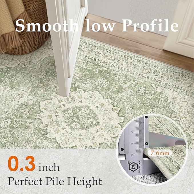 6x9 Green Washable Vintage Area Rug for Living Room Bedroom Soft Tranditional Non Slip Large Throw Rug Lightweight Floral Low Pile Distressed Carpet Office Playroom Home Decor