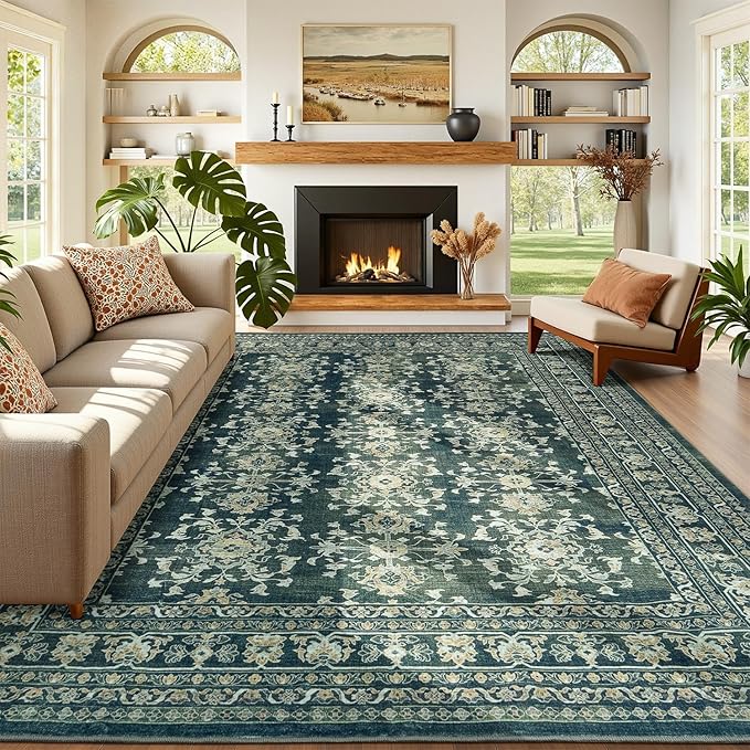 Lessymo 8x10 Area Rugs for Living Room, Machine Washable Non Slip Large Rug, Soft Low Pile Carpet for Bedroom Dining Office, Vintage Dark Green Distressed Floral Floor Decor