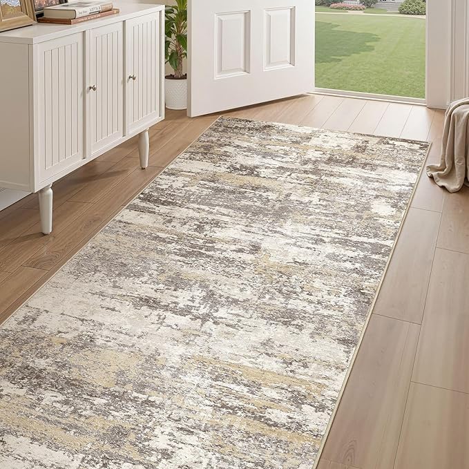 Hallway Washable Runner Rug: 3x12 Abstract Modern Soft Stain Resistant Non-Slip Backing Runner for for Entryway Kitchen Laundry - Gold Brown