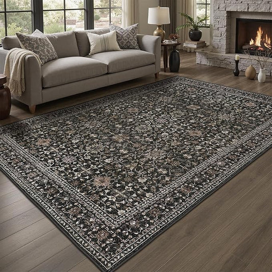 DCX Black 4x6 Rug, Kid & Pet Friendly with Rubber Back Non Slip, Machine Washable Stain Resistant Vintage Traditional Distressed Carpet, Rug for Living Room, Bedroom, Home Decor