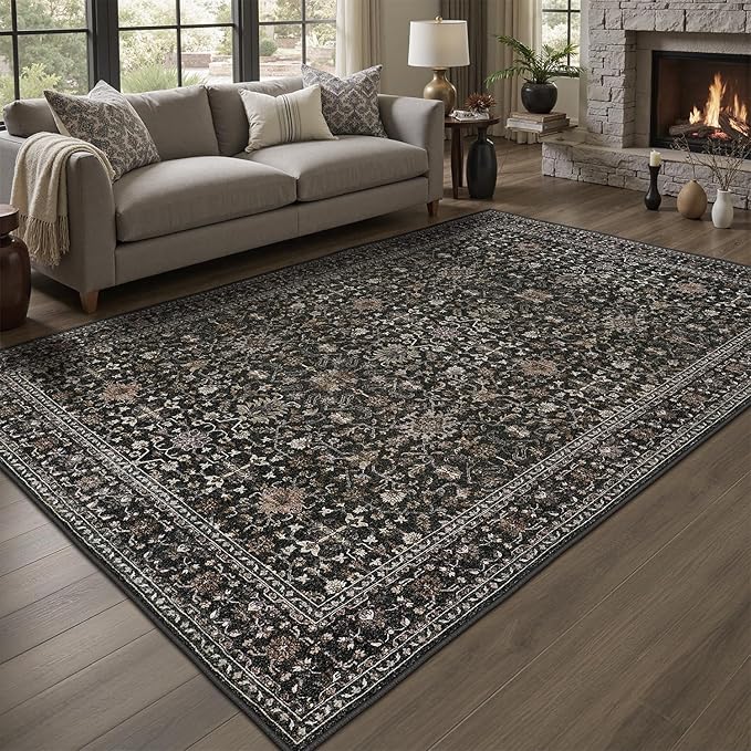 DCX Black 9x12 Rug, Kid & Pet Friendly with Rubber Back Non Slip, Machine Washable Stain Resistant Vintage Traditional Distressed Carpet, Rug for Living Room, Bedroom, Home Decor