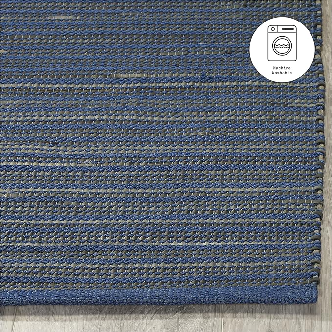 Fab Habitat Area Rug - Hand Woven, Stain Resistant, Pet Friendly - Premium Recycled Polyester Yarn & Reclaimed Rubber - Stripes - Bedroom, Living Room - Kismet - Indigo - 4 x 6 ft