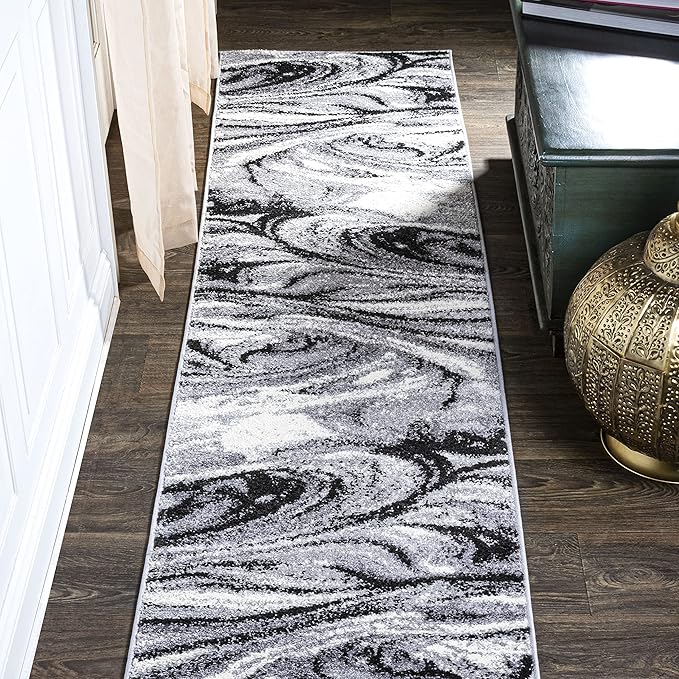 JONATHAN Y Viscon Abstract Marble Light Gray/Black Runner Rug 2x8, Modern,Contemporary,Geometric,Casual, Easy-Cleaning for Living Room,Bedroom,Kitchen,Pet Friendly,Non-Shedding (SEU207A-28)
