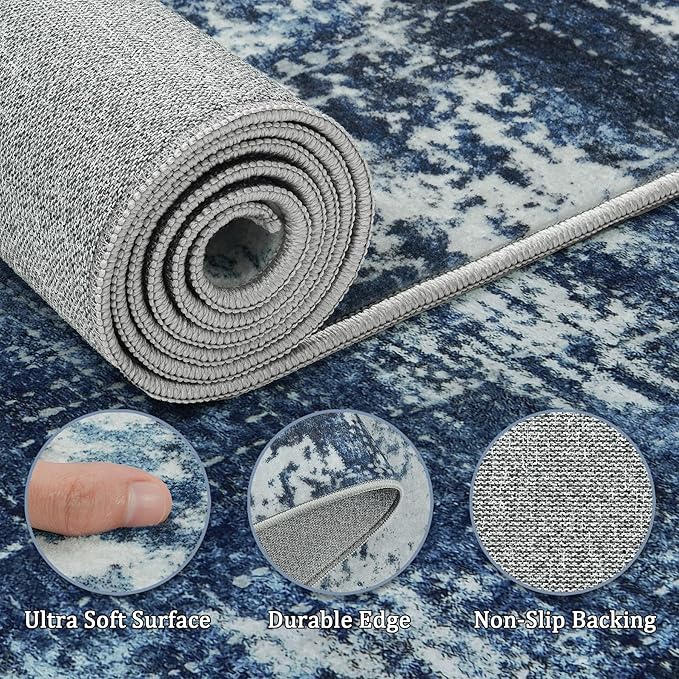 8x10 Area Rug Living Room Rugs - Washable Rug Large Modern Abstract Soft Thin Carpets Indoor Floor No Slip Vintage Carpet for Bedroom Under Dining Table Nursery Home Office Decor Deep Blue
