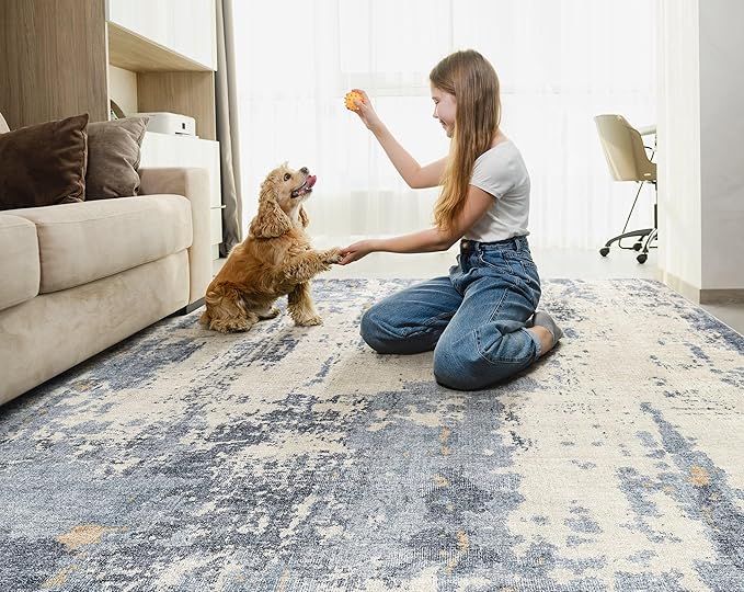 8x10 Area Rug Living Room Rugs - Washable Neutral Modern Abstract Soft Thin Rug Indoor Floor No Slip Rug Carpet for Bedroom Under Dining Table Home Office Decor - Blue/Light Brown