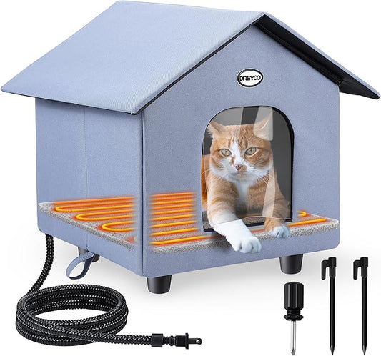 Dreyoo 1 Pack Heated Cat House Weatherproof, Winter Outdoor Tent with Heated Bed, Foldable Warm Shelter with 2 Doors for Feral Cats and Small Animals (Blue)