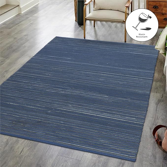Fab Habitat Area Rug - Hand Woven, Stain Resistant, Pet Friendly - Premium Recycled Polyester Yarn & Reclaimed Rubber - Stripes - Bedroom, Living Room - Kismet - Indigo - 4 x 6 ft