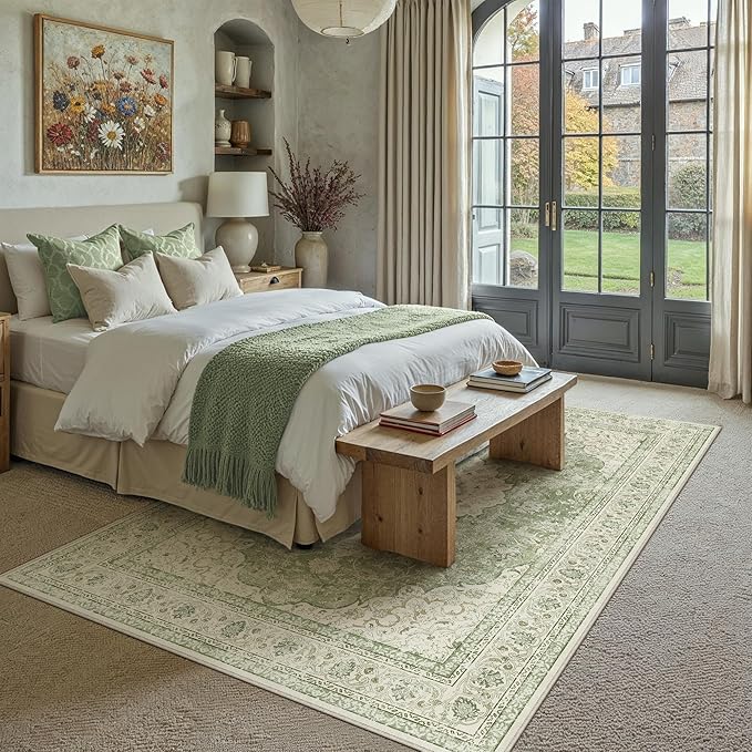 6x9 Green Washable Vintage Area Rug for Living Room Bedroom Soft Tranditional Non Slip Large Throw Rug Lightweight Floral Low Pile Distressed Carpet Office Playroom Home Decor