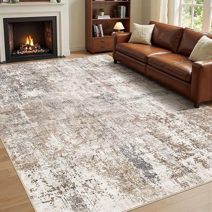 Area Rug Living Room Rugs - Washable Neutral Modern Abstract Soft Thin Rug Indoor Floor No Slip Rug Carpet for Bedroom Under Dining Table Home Office Decor - Brown/Grey/Red - 8x10