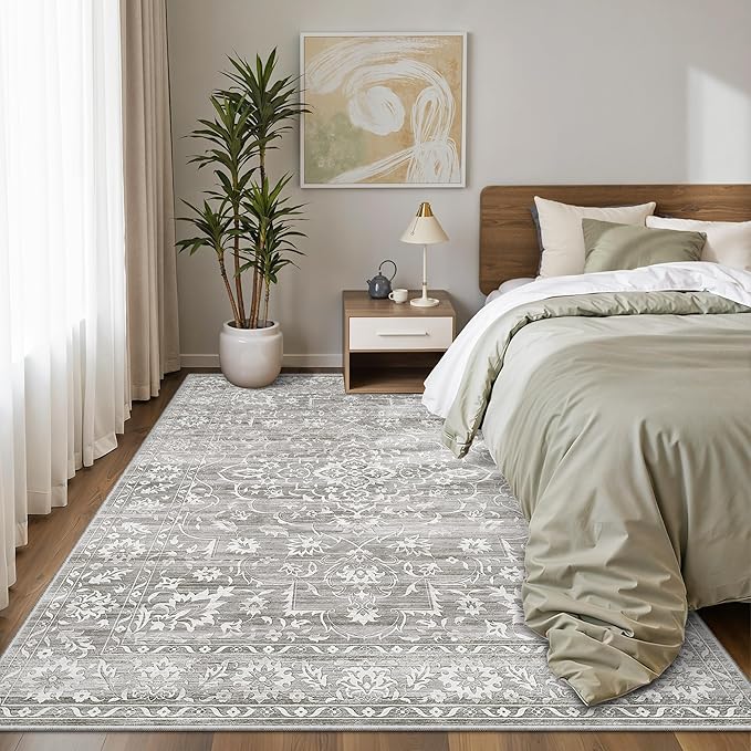6x9 Area Rugs for Living Room, Stain Resistant Neutral Washable Rugs for Bedroom, Floral Vintage Non-Slip Soft Throw Gray Carpet for Dining Room Farmhouse (Grey, 6'x9')